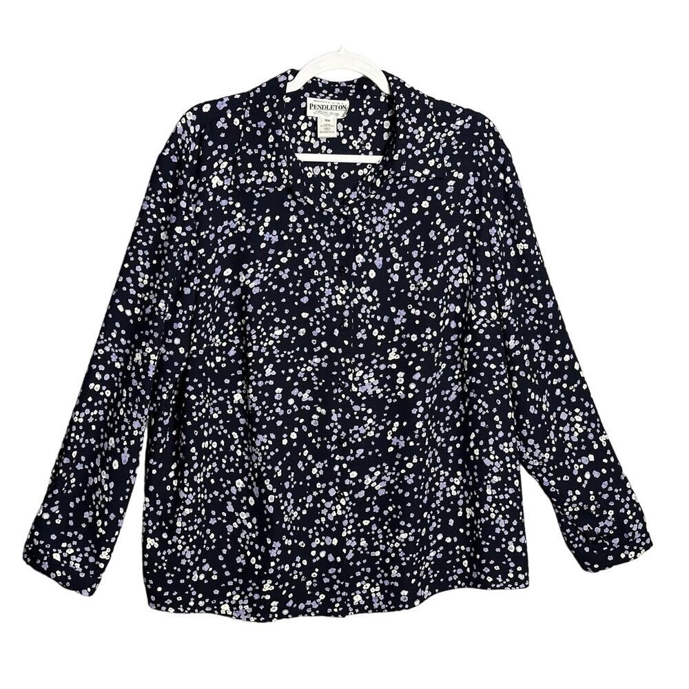 Pendleton Womens Size 18W Vintage Button Up Shirt Navy Purple Floral cottagecore